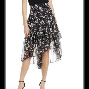 Eliza J Womens Asymmetric Skirt Black White Floral Ruffles Lined  SIZE 6